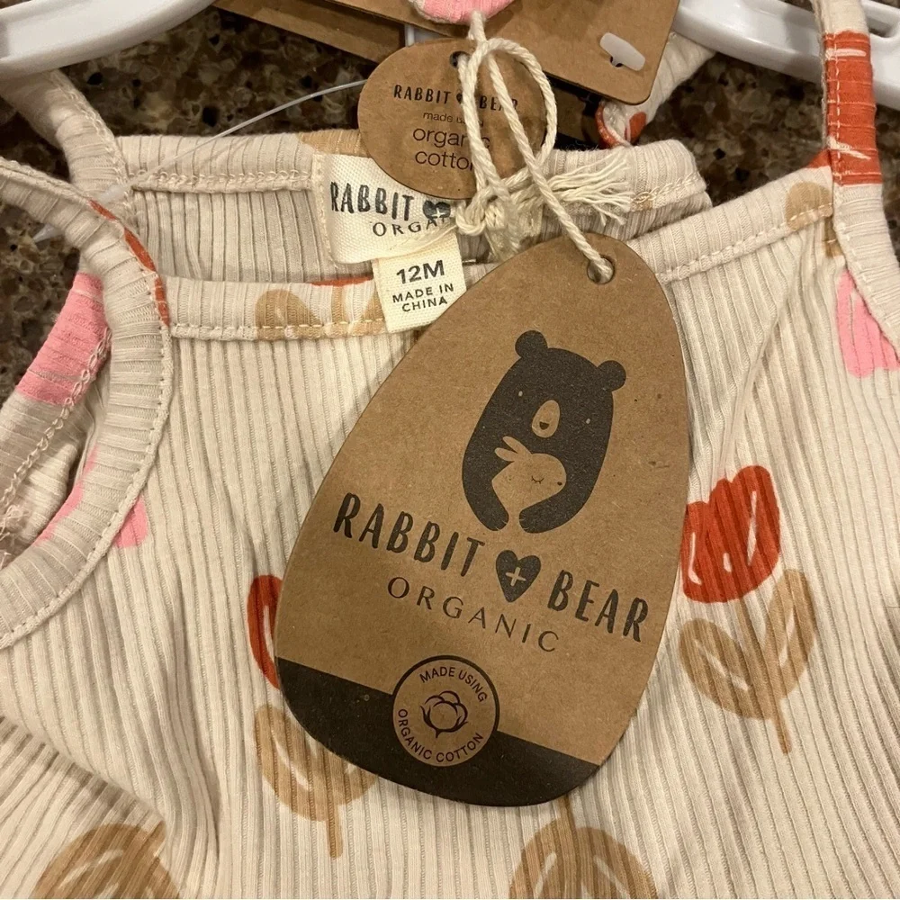 NWT Girl’s Ribbed Organic Cotton 3 Piece Tulip Set, Tank, Ruffle Shorts, Bow 12M